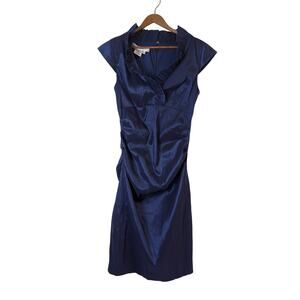 NWT Maggy London Cocktail Dress Womens 10 Navy Blue Iridescent Ruching Ruffle